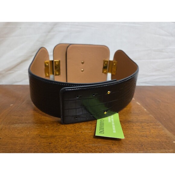 Elisabetta Franchi Black Vegan Leather Wide Belt 42 Gold Metal Logo Buckle NWT main image 7